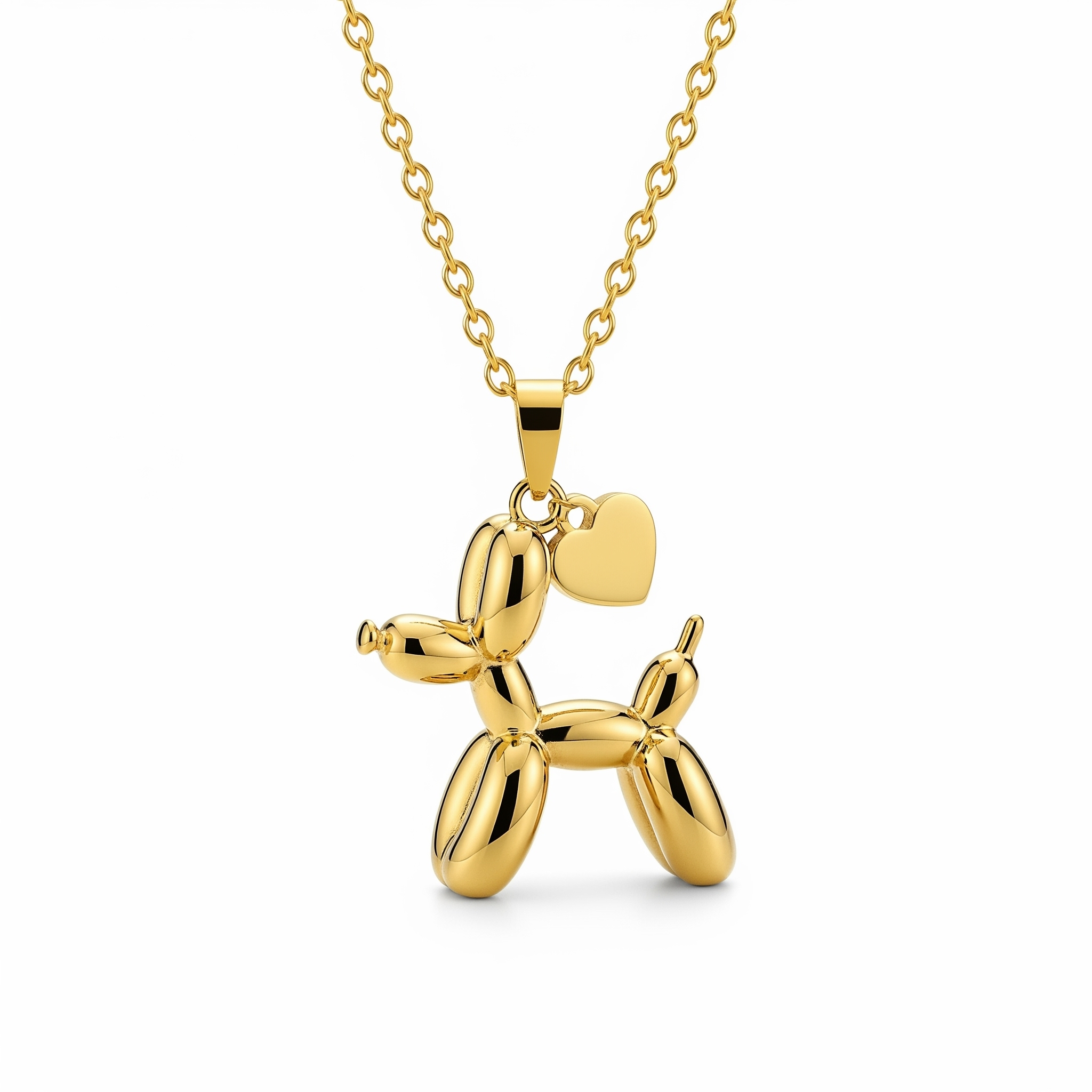 Balloon Dog Pendant Necklace with Heart-Shaped Charm in Stainless Steel